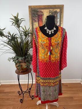 Anandas Tunic Dress Women's Medium Vibrant Red Tassel Tie Whimsical Artistic